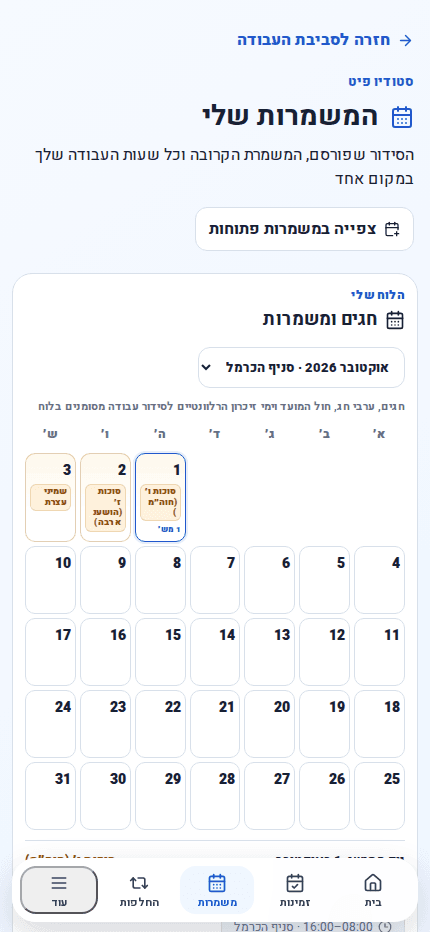 מסך המשמרות האישיות של עובד בטלפון ב־ShiftPilot